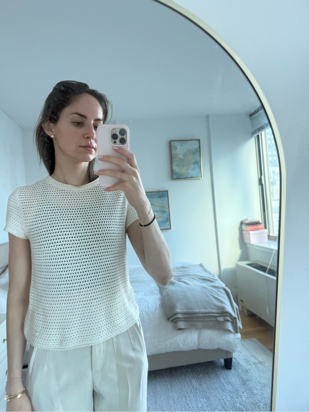 Vince Cream Open-Knit Short Sleeve Top
